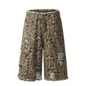 Pantalon court en jean camouflage vintage déchiré pour homme KingSen, short cargo à bords effilochés, coupe ample, style streetwear Y2K, jean délavé - Product Image 5