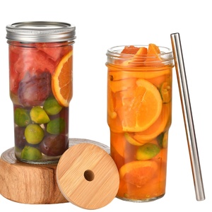 Gobelet réutilisable à large ouverture 16/22/24oz <span class=keywords><strong>Verres</strong></span> à boire Mason Jar avec couvercles en bambou Paille Carton CLASSIC Party Clear 2 Sets - Product Image 2
