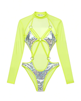 Monokini holographique vert néon pour femme, body sexy à découpes en résille, idéal pour festivals, soirées, clubbing, carnaval, vente en gros, personnalisation OEM