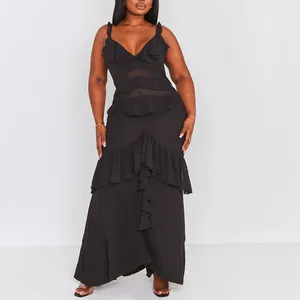 Plus Size Women Black Deep V Neck Low Back Ruffle Maxi Dress Summer Sexy Sleeveless Chiffon Casual Beach Dress
