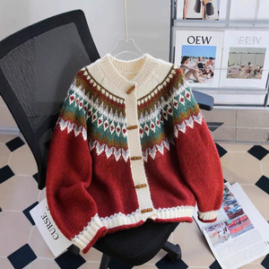 Women's Fair Isle Knit <b>Cardigan</b> Red Vintage Loose Fit Autumn Winter Sweater With Buttons Full Sleeve Anti-Pilling - Product Image 1