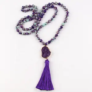 Necklace Women Fashion Boho Jewelry Women Gift Natural Stone Crystal Glass Beads Tassel Necklace Irregular Druzy Drop Pendant Necklace