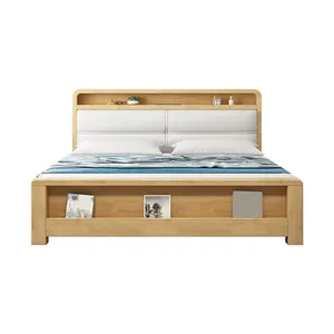 Hot Sale Selected Imported Rubber Solid Wood Bed With Cotton And Linen Back And Wooden Back