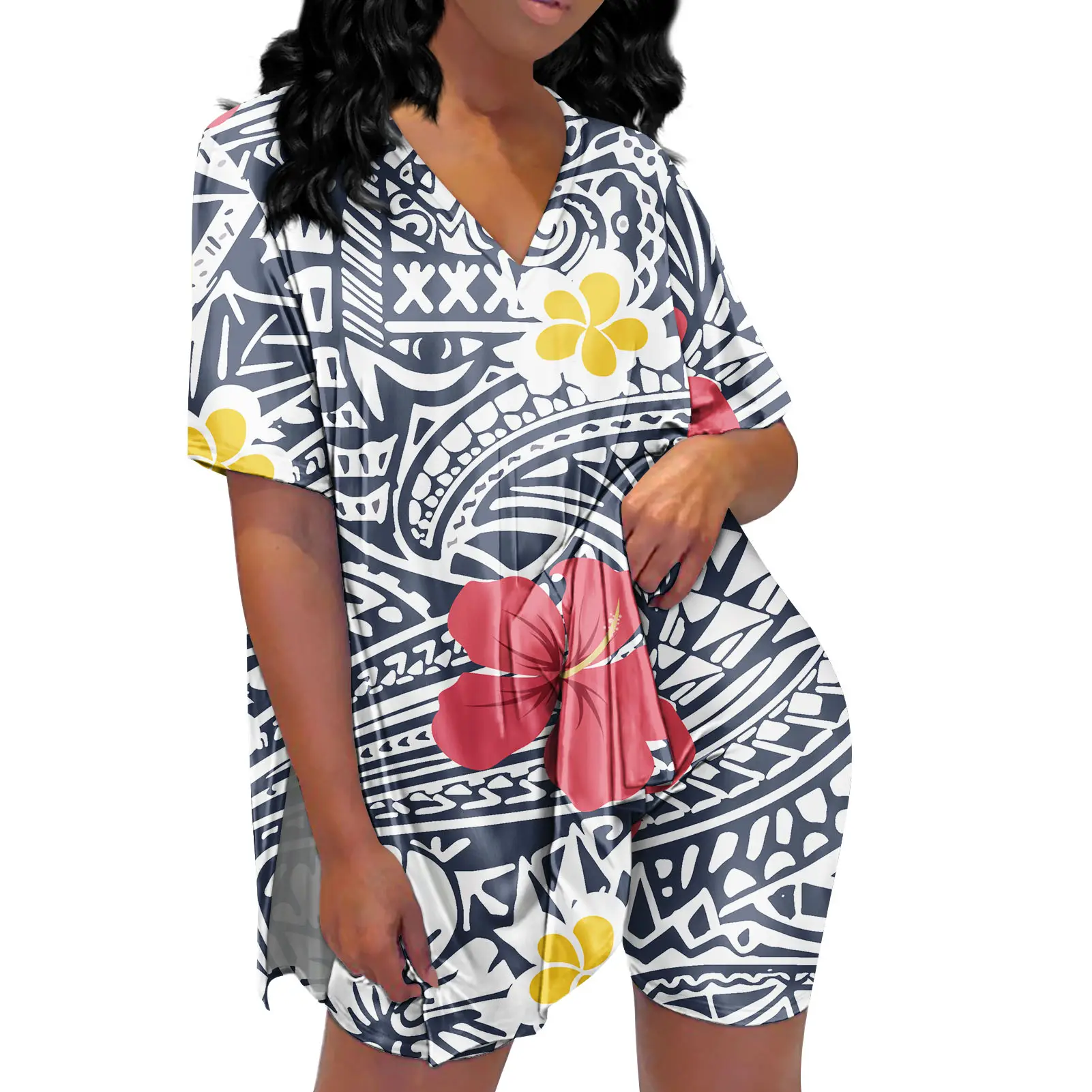 Pijamas estilo hibisco, 2 peças, padrão de flores tropicais, manga curta, roupas de dormir, conjunto de moletom pj