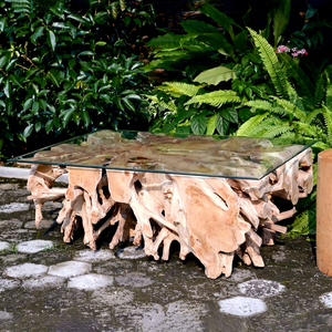 Handmade Extendable Teak <b>Root</b> <b>Coffee</b> <b>Table</b> Unique Natural Living Room Furniture with Eco-Friendly Rustic Design Strong Glass Top - Product Image 1