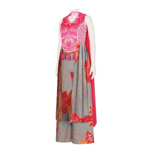Traje Étnico Estilo Bollywood Indio para Mujer, Pantalones Anchos Bordados con Borlas Rojas y Rosas, Atuendo para Baile Escénico - Product Image 4