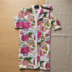 Floral Printed Cotton Velvet <b>Kimono</b> Robe With Full Sleeves And Matching Belt For <b>Women</b> Lounge And Home Wear - Product Image 4