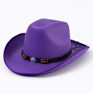Sombreros de Vaquero de Fieltro Mexicano con Cuentas de Madera y Logotipo Personalizado al por Mayor, Sombreros de Vaquero Occidentales Morados de Moda Europea y Americana para Mujer - Product Image 4