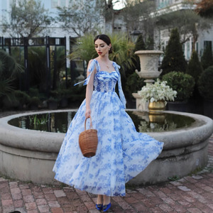 Robe midi en organza à imprimé floral, épaules dénudées, taille empire, fermeture éclair sur le devant, robe de cocktail transparente - Product Image 3