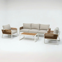Modernes Luxus-Outdoor-Sofa-Set aus Aluminium & Akazienholz, 4-teilig, mit Kissen, für Resort, Garten & Hotel