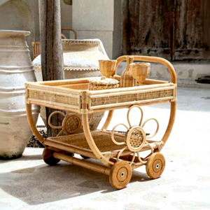 Natural rattan woven food and drink serving cart for children,Rattan Tea Cart Kids Pretend Play <b>Trolley</b> - Product Image 1