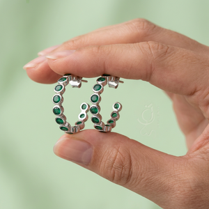 Emerald 925 <b>Sterling</b> <b>Silver</b> Half Hoop <b>Earrings</b> – Bezel <b>Set</b> Round Gemstone Statement Jewelry - Product Image 4