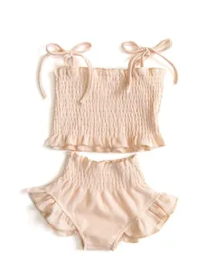 Custom Waffle Girls Smocked Shoulder Tie Ruffle Tube Tops High Waist Bummies Infant Two Pieces