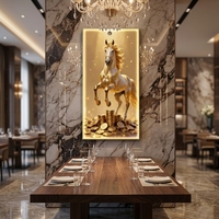 Vente en gros usine : Tableau mural en verre avec cheval en porcelaine, cadre LED, orné de cristaux 5D et de diamants, style moderne, finition or de luxe