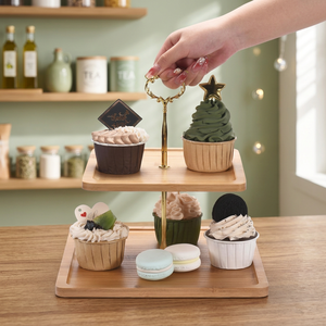 Exhibidor de Postres de Bambú de 2 Niveles con Asa de Metal Dorado, Elegante y Ecológico para Cupcakes, Macarons, Bocadillos y Fiestas - Product Image 1