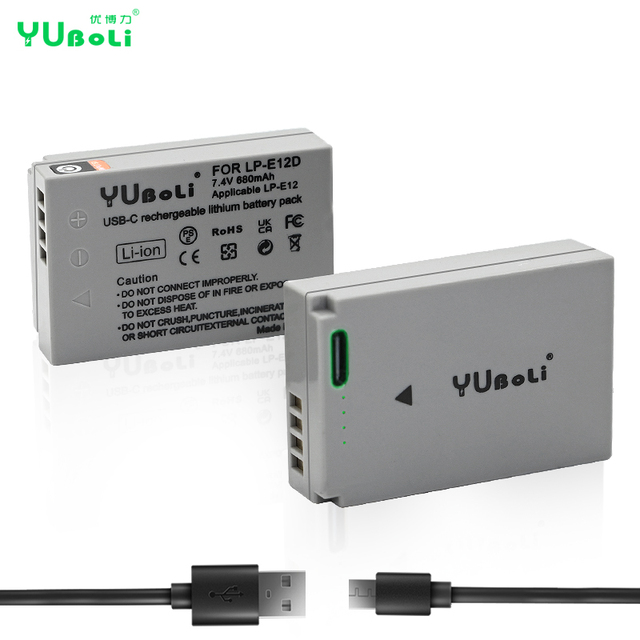 For Canon LP-E12 USB-C Direct Charge Camera Battery 7.4V 680mAh LED Power Indicator Fit Canon M50 M100 M200 SX70 EOS R50