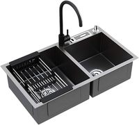 Évier de cuisine moderne fait à la main en acier inoxydable 201 brossé PVD noir double bol avec forme carrée et porte-couteau