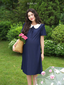 ชุดเดรสยีนส์สำหรับคนท้อง V1411 เป็นมิตรกับสิ่งแวดล้อม เย็นสบาย ซึมซับเหงื่อได้ดี คอเสื้อทรงดอกบัว ราคาขายส่งสำหรับฤดูร้อน - Product Image 2