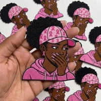 Patchs brodés Afro Girl avec ruban rose, prêts à presser, expédition DDP, appliques thermocollantes pour vêtements, prix de gros