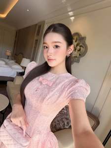 Wholesale Sweet Pink <b>Mini</b> Dress Women Short <b>Lantern</b> Sleeve Jacquard Party Elegant Vintage Coquette Custom Anti-static Breathable - Product Image 4