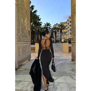 Robe de bal de luxe noire, dos noué, col montant, taille empire, strass, taille XS, pour soirées formelles et fêtes, longueur ras du sol - Product Image 1