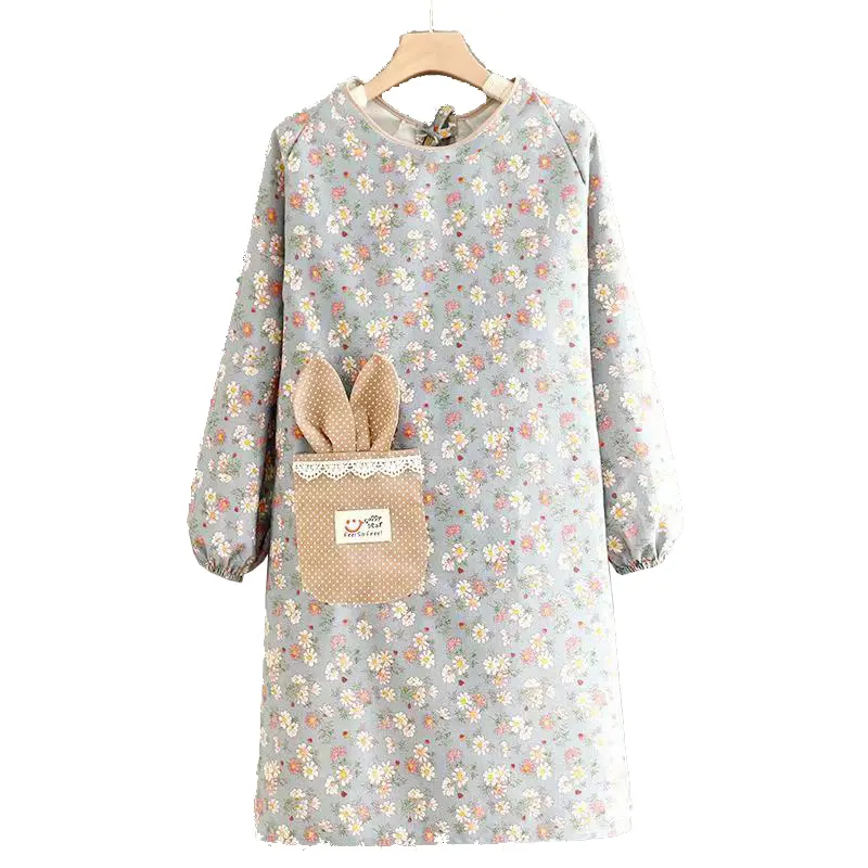 Korean style long sleeve florets print aprons with pocket women kitchen cooking apron for restaurant hotel