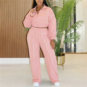 Damen Langarm Kontrastfarben Patchwork Crop-Jacke und Hose Casual Sport 2-Teiliges Set - Product Image 3