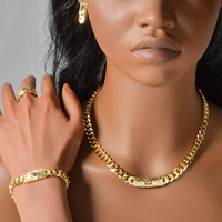 Parure de mariée plaquée or 18 carats avec collier chaîne cubaine, bracelet, bague et boucles d'oreilles, motif floral, style classique, zircon, pour fiançailles et fêtes