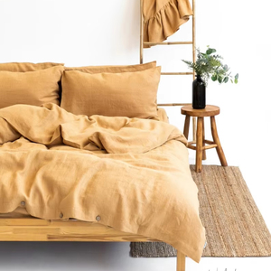 Juego de Funda Nórdica de Lino 100% de Tamaño Personalizado, 200 Hilos, Certificado OEKO-TEX, Estilo Shabby Chic, Colección Hoteles, Color Mostaza, Tamaño Queen, con Botones - Product Image 1