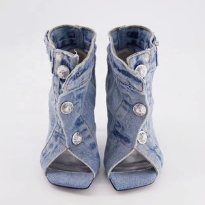 Summer Square Open Toe High-Heeled Short <b>Boots</b> Denim Ankle Women Stiletto Sandals Front Buckles Jeans Shoes - Product Image 2