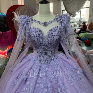 Vestido de quinceañera Mc073, romántico, con plumas en el hombro, cuentas de cristal, tul lavanda, estilo baile de gala, para graduación, Jancember - Product Image 3