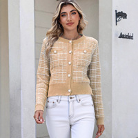 Cardigan en tricot jacquard à carreaux pour femme, élégant, avec boutons perlés, veste courte de luxe pour l'hiver