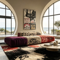 Canapé modulaire en velours patchwork en forme de L, style graffiti personnalisé, pour salon commercial