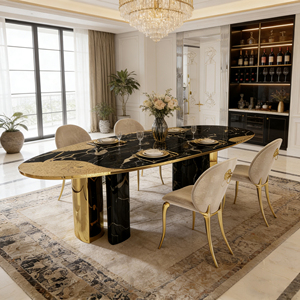Mesa de Comedor de Lujo de Alta Gama con Tablero de Diseño Patchwork y <span class=keywords><strong>Base</strong></span> con Detalles en Dorado <span class=keywords><strong>para</strong></span> Villas y Hoteles - Product Image 1