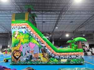 Toboggan gonflable commercial à thème <span class=keywords><strong>zoo</strong></span> vert, toboggan sec avec lion et tigre - Product Image 6