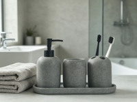Ensemble de salle de bain moderne en résine BX : Distributeur de savon, porte-brosse à dents, gobelet, porte-savon, brosse WC, pot à cotons-tiges, plateau pour la maison et l'hôtel
