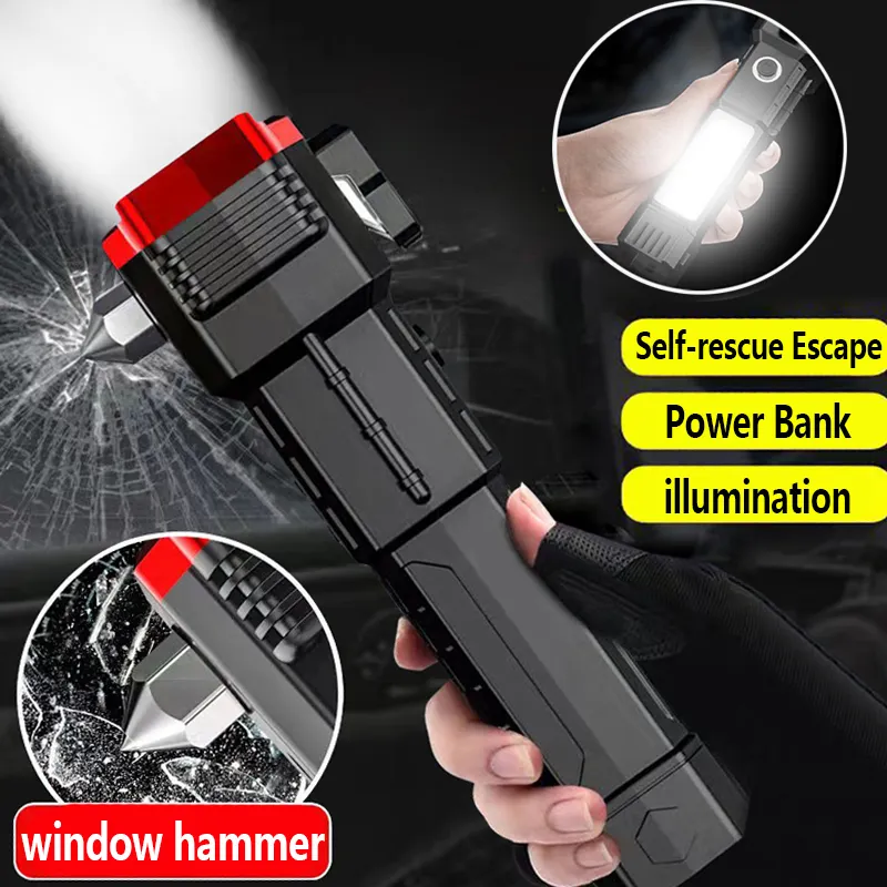 Power Bank Safety Hammer Knife Magnet Usb Rechargeable ABS Body Tactical Cob Light Camping Work Lanterns Flashlight Torches