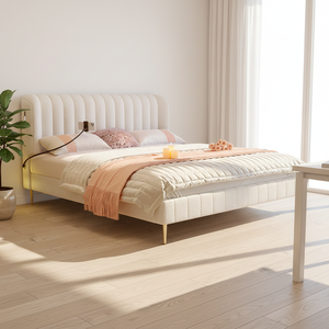 Lit de style nordique moderne en cuir de luxe léger, écologique, taille Queen/King, couleur crème, pour chambre principale - Product Image 4