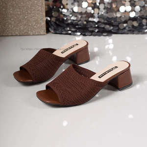 Sandales d'été respirantes à bout carré en maille tricotée, talon moyen épais, grandes tailles pour femmes, vente en gros - Product Image 2