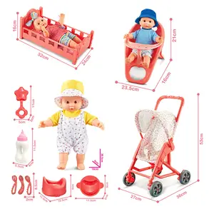 Poupée de 12 pouces avec chariot chaise de salle à manger lit vaisselle poupées reborn silicone bébé jouer maison jouet pour enfants