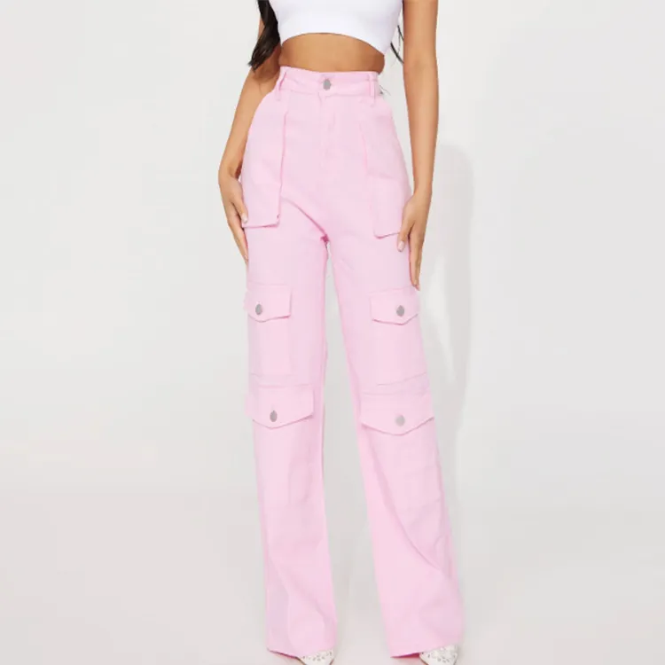 Nouveau pantalon cargo pantalon large à jambes roses Pantalons et pantalons pour femmes à poches multiples