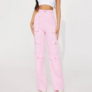 Nova cargo calças largas calças de perna rosa Vários bolsos calças e calças femininas