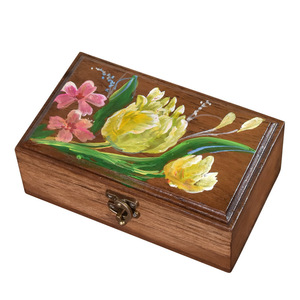 Boîte à bijoux en bois massif, design floral peint, rangement de bureau rectangulaire, compacte et couverte, ornement exquis de style chinois - Product Image 4
