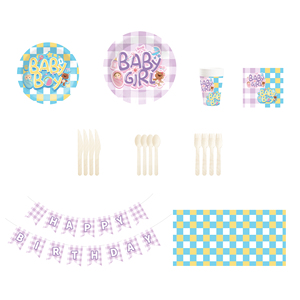 Juego de vajilla desechable para fiesta de revelación de género de bebé DAMAI, platos de papel con diseño a cuadros para suministros de baby shower, para 8 personas. - Product Image 5