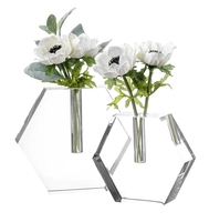 Vase en acrylique transparent hexagonal élégant, décoration de table de mariage faite à la main, forme géométrique créative moderne