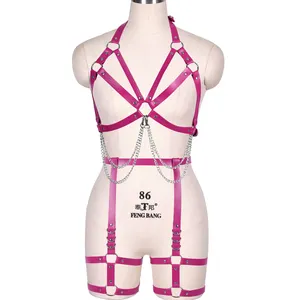 BDSM Bondage body Chain Harness Lingerie With Leather Erotic Exotic Bra Night Club Rave Stripper Wear