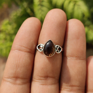 Bague en argent sterling 925 avec quartz fumé naturel serti clos, cabochon goutte d'eau, bijou artisanal en pierre précieuse pour mariage et fête - Product Image 3