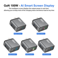 Chargeur mural GaN 100W avec prise US, charge rapide PD, 2 ports Type-C, 1 port USB-A, avec écran numérique intelligent TFT, adaptateur pour téléphone, tablette, ordinateur portable