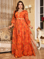Robe de soirée en mousseline de soie colorée ornée de paillettes de luxe à col en V et manches lanternes pour femmes grandes tailles pour les occasions spéciales