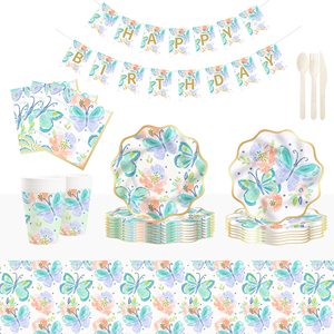 DAMAI Butterfly Party Tableware Bug Birthday Party Supplies Set Plates Napkins Cup Tableware Kit for 8 Guests - Product Image 2